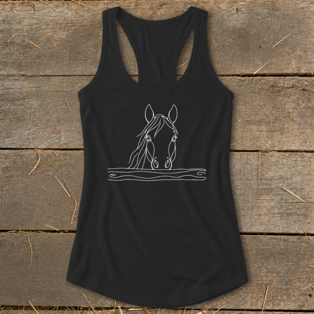 Black racerback tank top with a white line drawing of a horse's head above wavy lines.