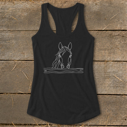 Black racerback tank top with a white line drawing of a horse's head above wavy lines.
