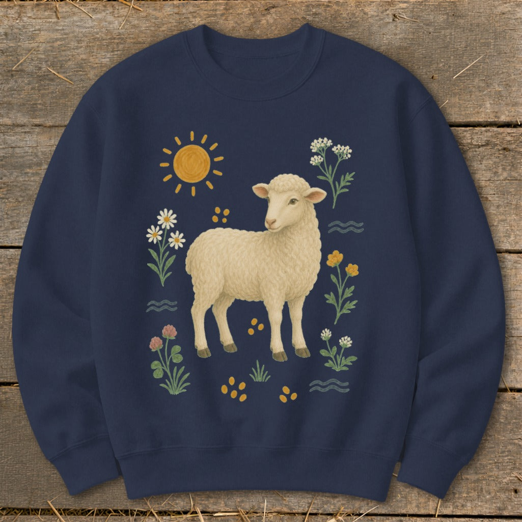 Navy sweatshirt with a cream sheep and floral meadow design.