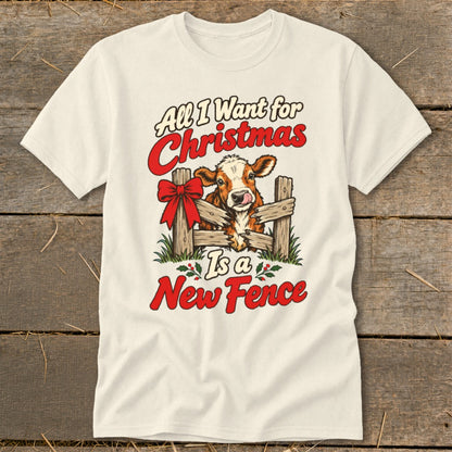 Cow peeking through fence with "All I Want for Christmas Is a New Fence" text.