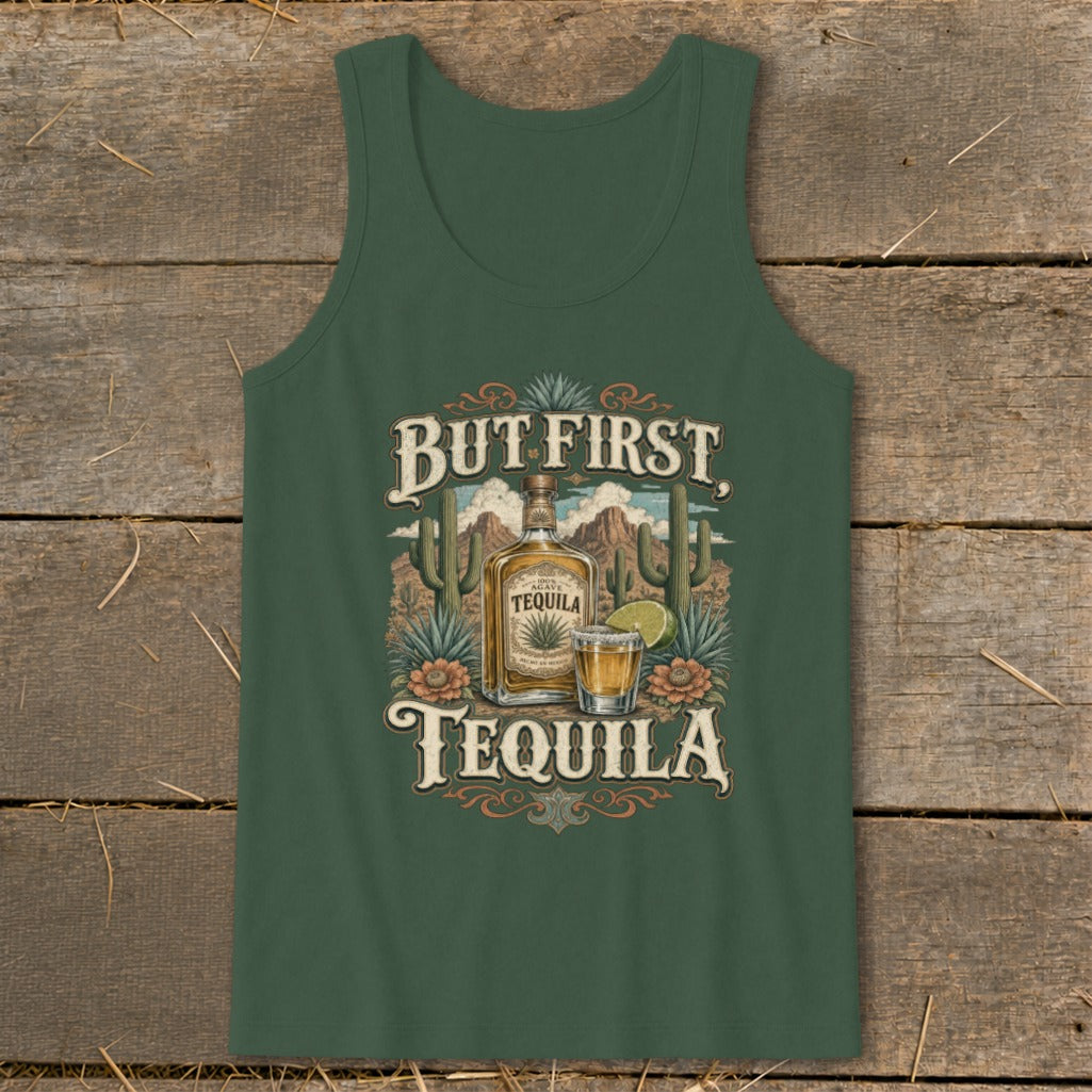 Green tank top with "But First, Tequila" graphic featuring a bottle and shot glass.