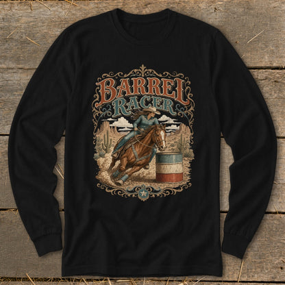 Barrel Racer text above a cowgirl on a horse rounding a barrel in a desert landscape.