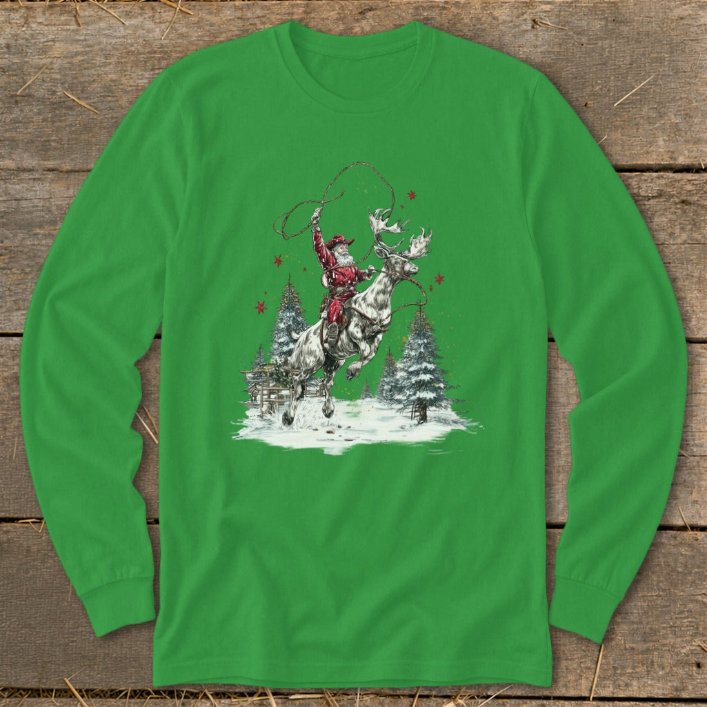 Santa rides a reindeer with a lasso, surrounded by snowy trees and red stars.