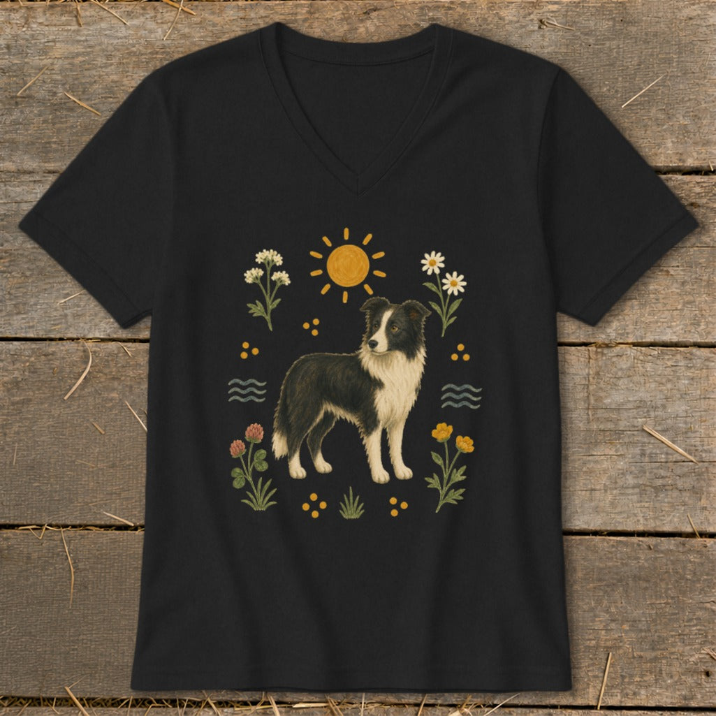 Black t-shirt with a graphic of a border collie dog surrounded by flowers and a sun.