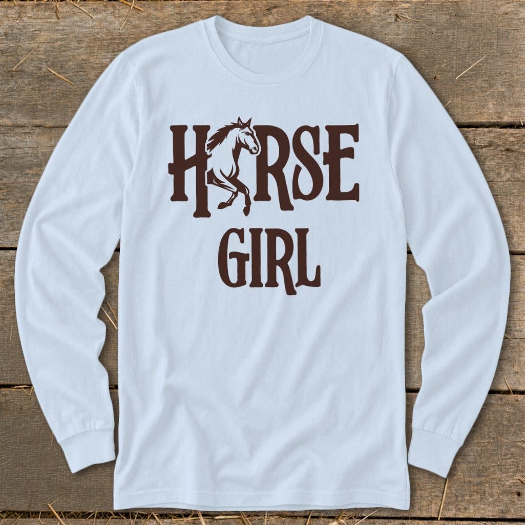 Light blue long sleeve shirt with brown "HORSE GIRL" graphic and a horse silhouette.