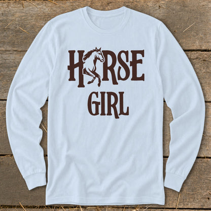 Light blue long sleeve shirt with brown "HORSE GIRL" graphic and a horse silhouette.