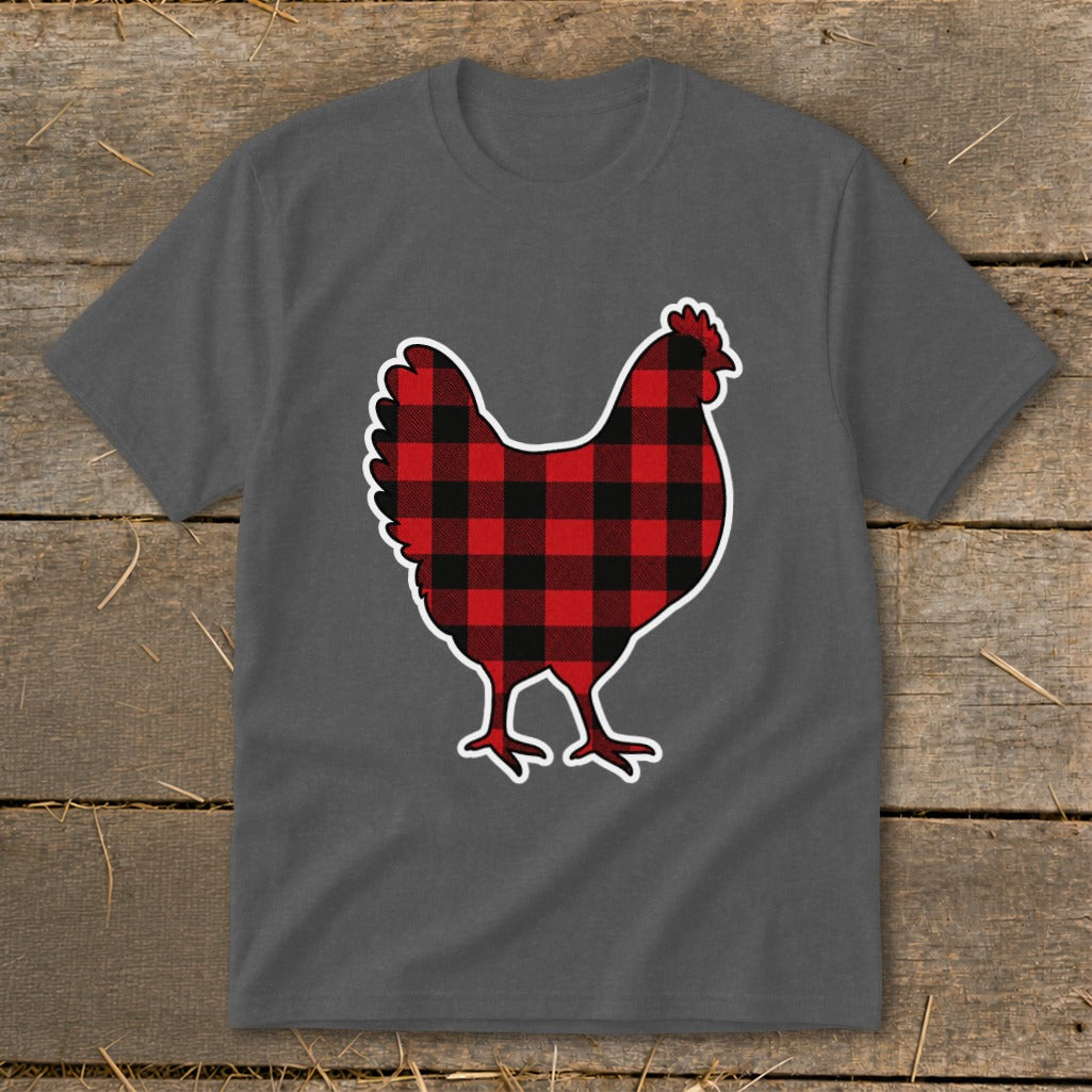 Gray t-shirt with a red and black buffalo plaid chicken graphic.