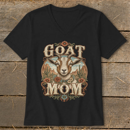 Black t-shirt with "GOAT MOM" text and a goat in a desert scene.