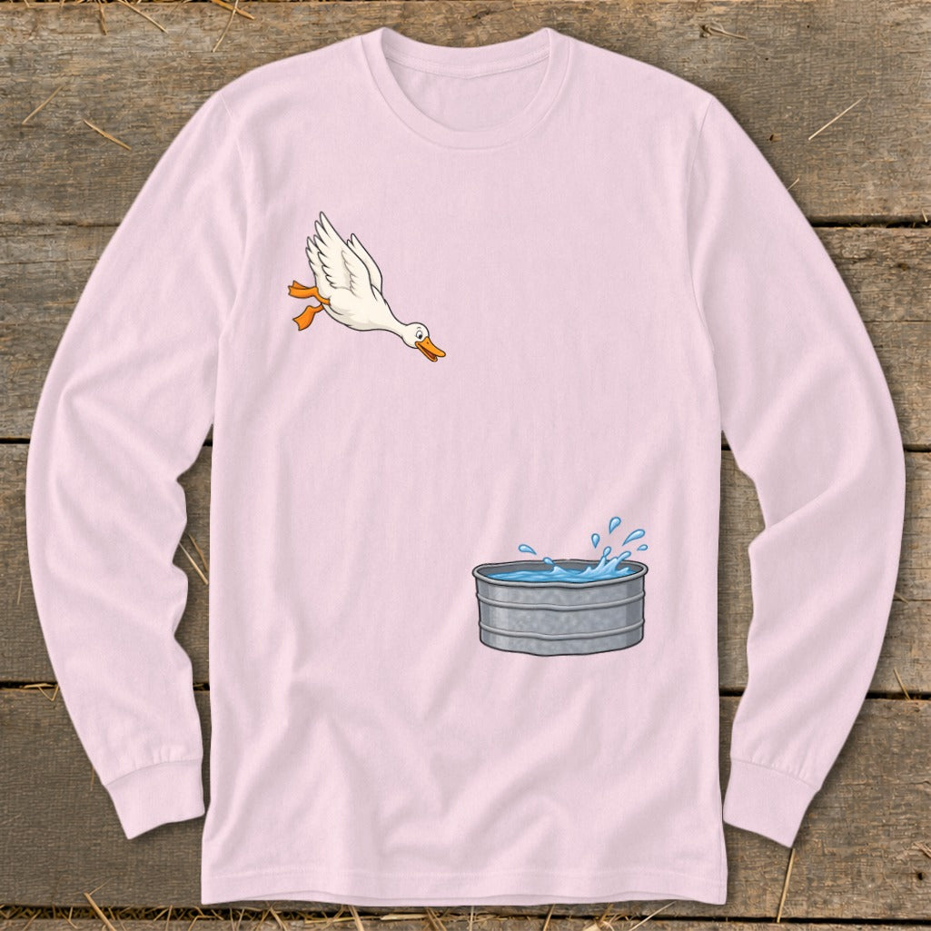 Cartoon goose flying towards a galvanized tub with splashing water.