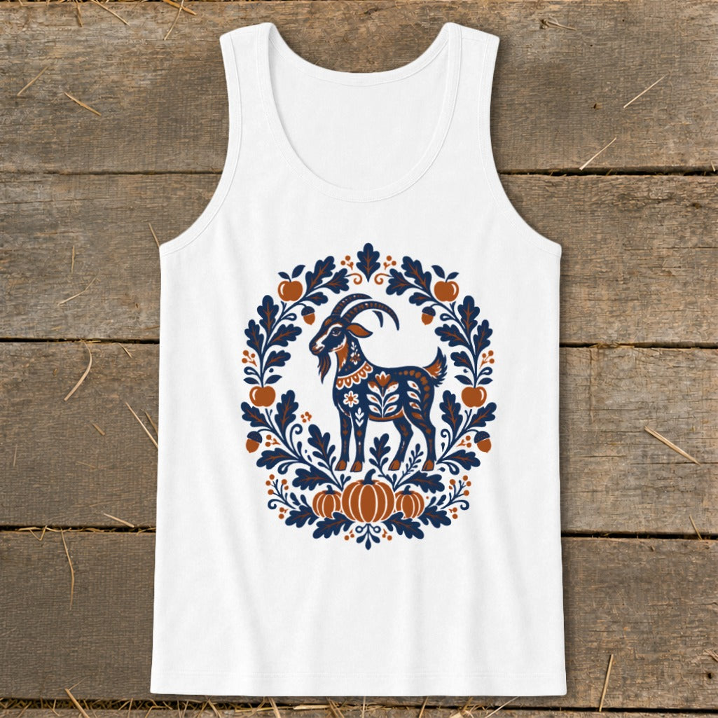 White tank top featuring a folk art goat surrounded by an autumn wreath of leaves, acorns, and pumpkins.