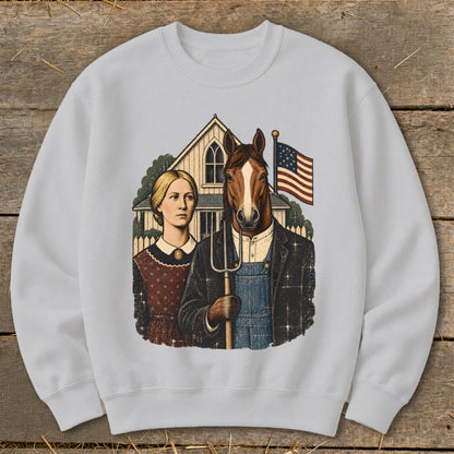 Light gray crewneck sweatshirt featuring a parody of American Gothic with a horse holding a pitchfork.