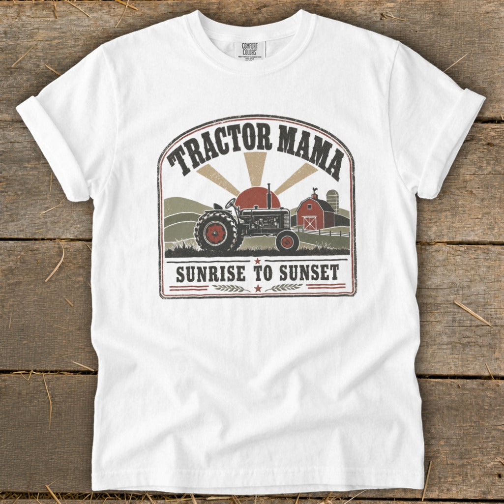 Tractor Mama graphic with tractor, barn, and text "Sunrise to Sunset".