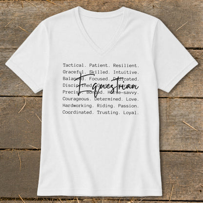 White t-shirt with list of traits and "Equestrian" text.