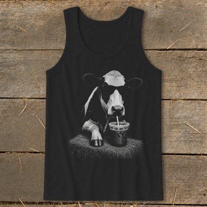 Black tank top with a black and white graphic of a cow wearing sunglasses drinking from a cup.