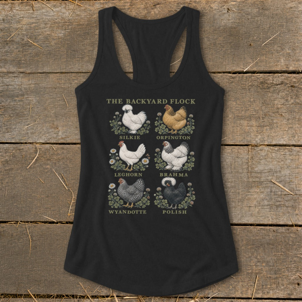 Black tank top with "The Backyard Flock" text and illustrations of six chicken breeds.