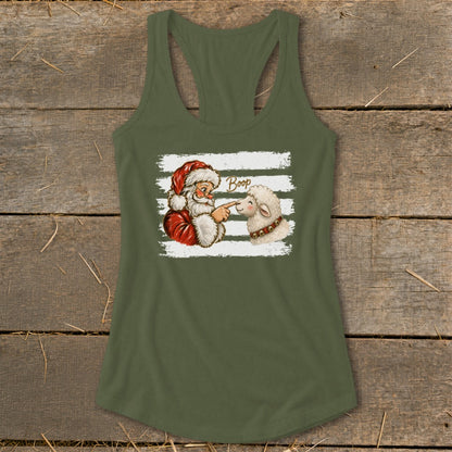 Santa boops a sheep with the word "Boop" above them on a tank top.