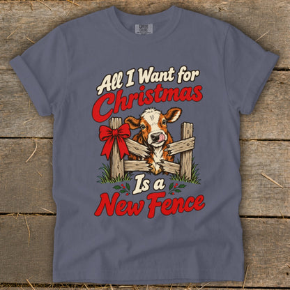 Cow by broken fence with text "All I Want for Christmas Is a New Fence"