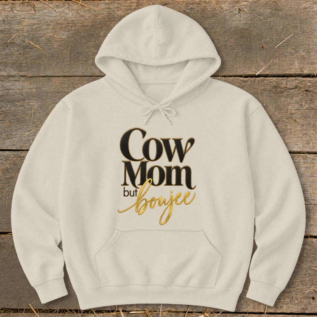Cream hoodie with "Cow Mom but boujee" text.