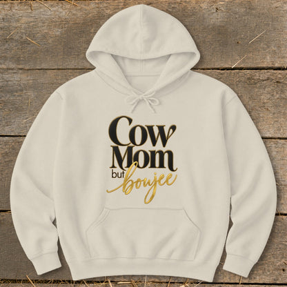 Cream hoodie with "Cow Mom but boujee" text.