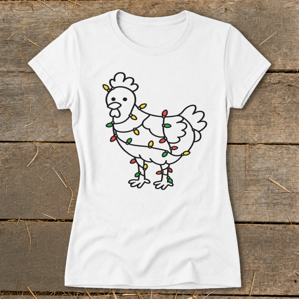 White t-shirt with a line drawing of a chicken wrapped in colorful Christmas lights.