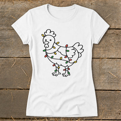 White t-shirt with a line drawing of a chicken wrapped in colorful Christmas lights.