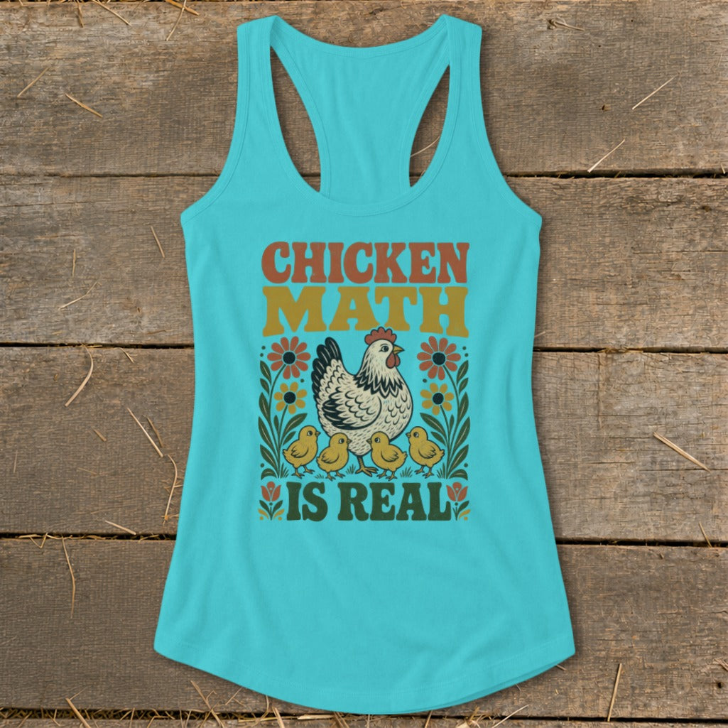 Turquoise tank top with "Chicken Math Is Real" text and chicken family graphic.