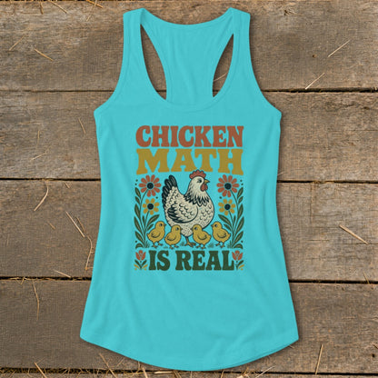 Turquoise tank top with "Chicken Math Is Real" text and chicken family graphic.