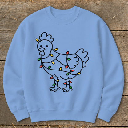 Light blue crewneck sweatshirt with a black outline drawing of a chicken decorated with colorful Christmas lights.