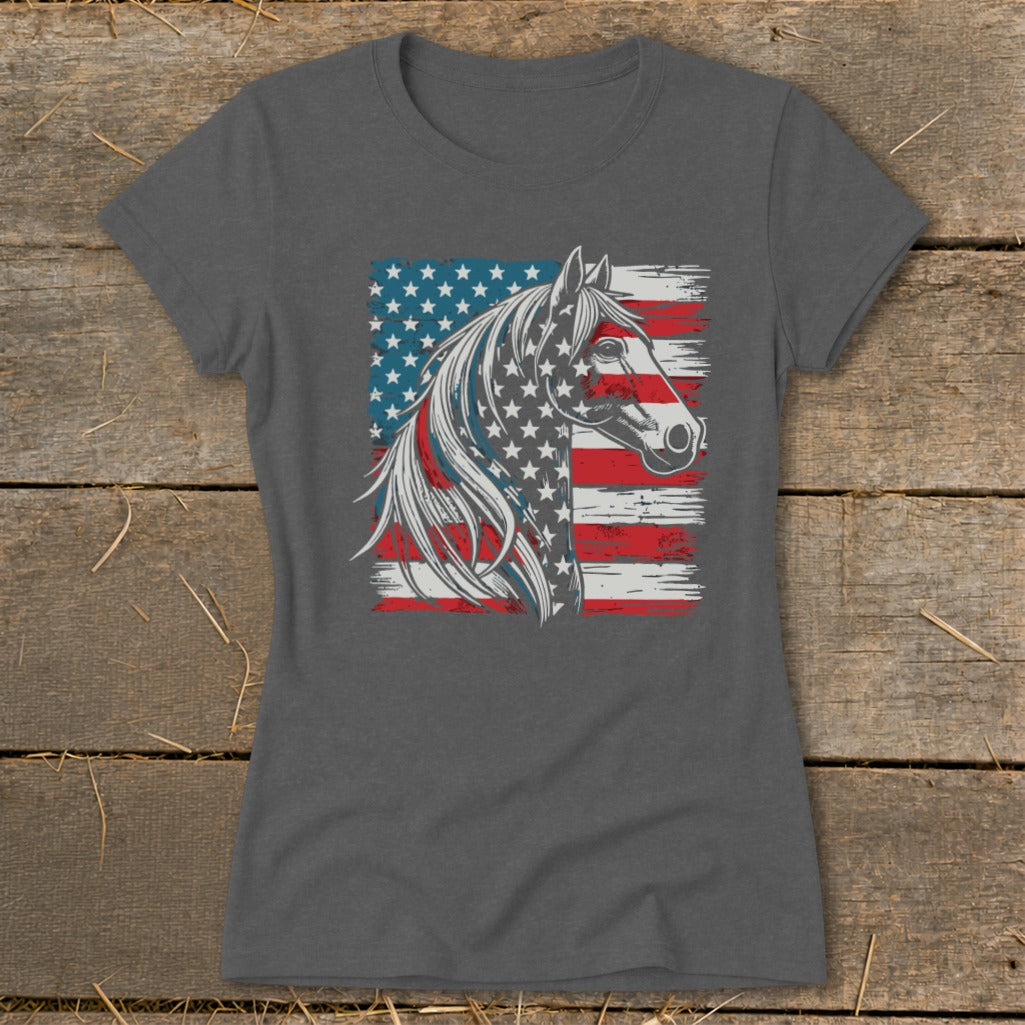 Grey t-shirt with a horse silhouette overlaid with the American flag design.