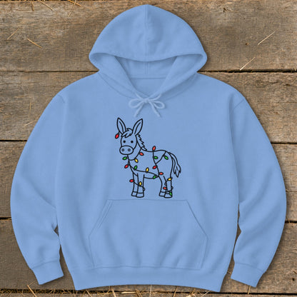 Light blue hoodie with a line drawing of a donkey wrapped in colorful Christmas lights.