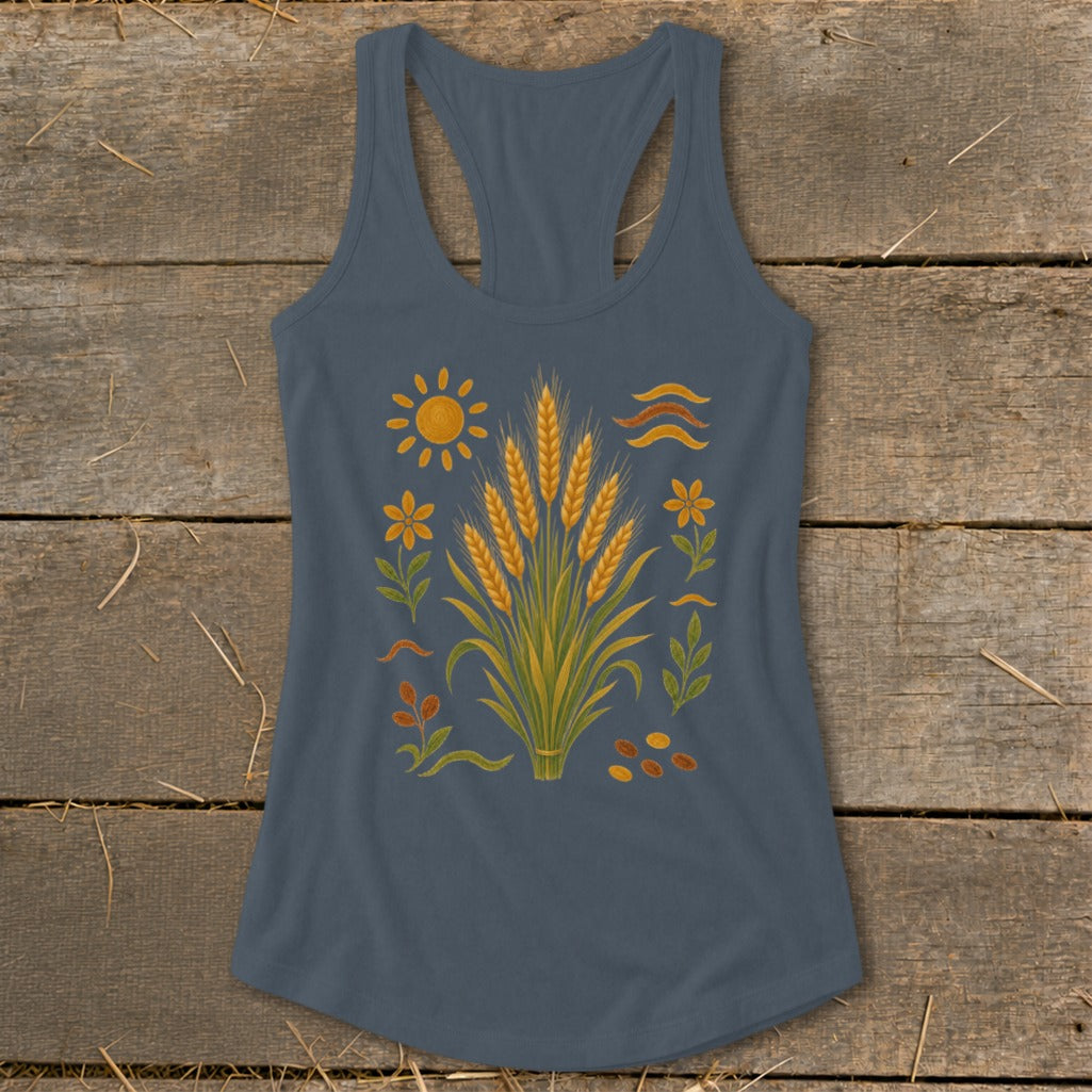 Blue tank top with a central wheat stalk design and surrounding floral and sun motifs.