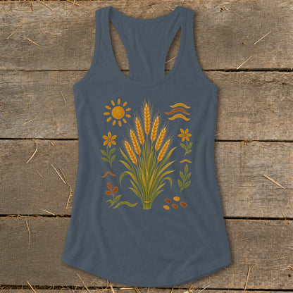 Blue tank top with a central wheat stalk design and surrounding floral and sun motifs.