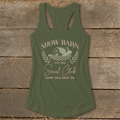 Green tank top with "Show Barn Social Club" text and farm graphics.