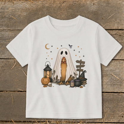 Chicken in ghost costume with Halloween decorations and spooky signs.