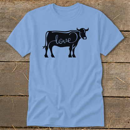Light blue t-shirt with black silhouette of a cow containing the word "love".