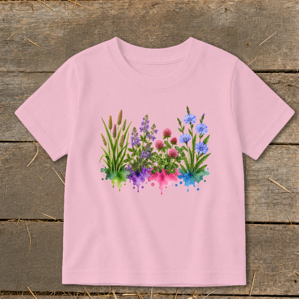 Light pink children's t-shirt featuring a colorful watercolor wildflower graphic on the chest.