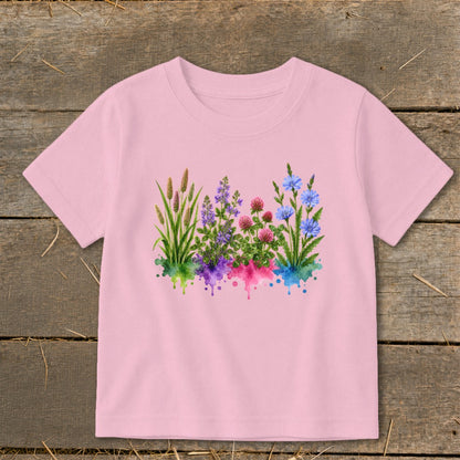 Light pink children's t-shirt featuring a colorful watercolor wildflower graphic on the chest.