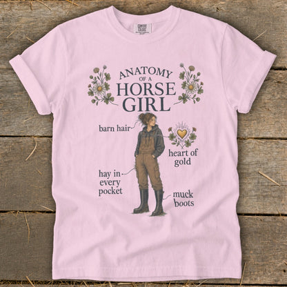 Pink t-shirt with "Anatomy of a Horse Girl" illustration and text.