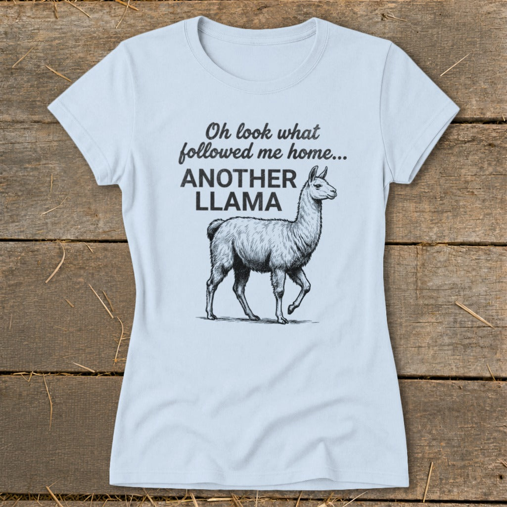 Light blue t-shirt with sketch of a llama and text "Oh look what followed me home... ANOTHER LLAMA".
