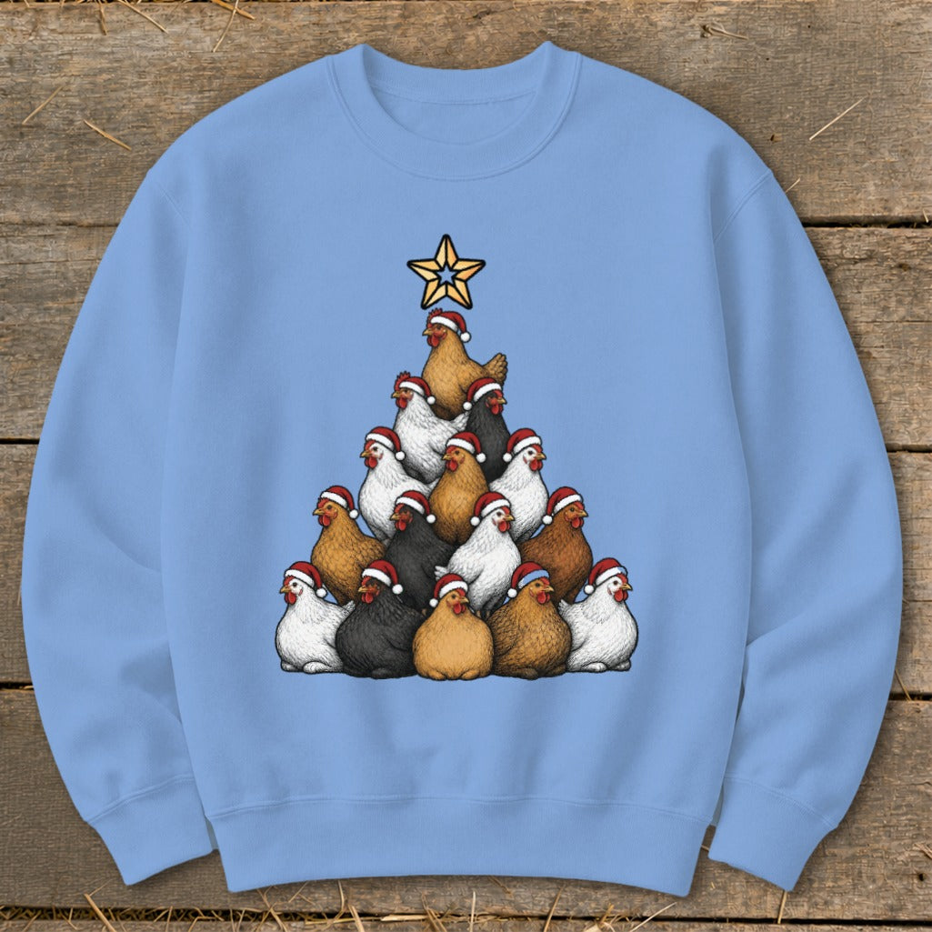 Light blue sweatshirt with a Christmas tree made of chickens wearing Santa hats.
