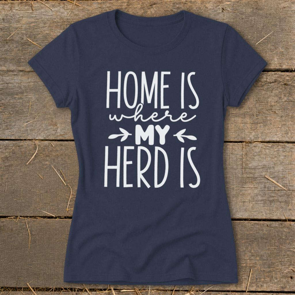 Navy t-shirt with white text "HOME IS where MY HERD IS"