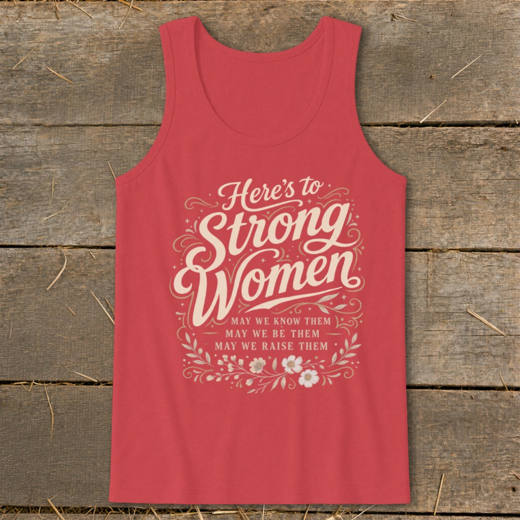 Red tank top with "Here's to Strong Women" text and floral accents.
