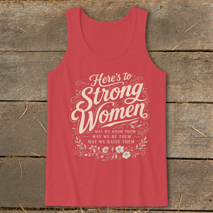 Red tank top with "Here's to Strong Women" text and floral accents.