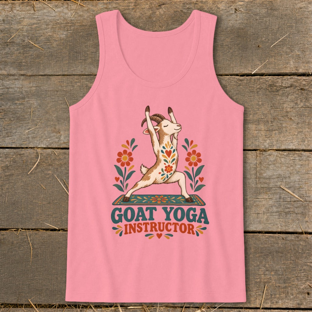 Pink tank top with a goat in yoga pose and text "GOAT YOGA INSTRUCTOR".