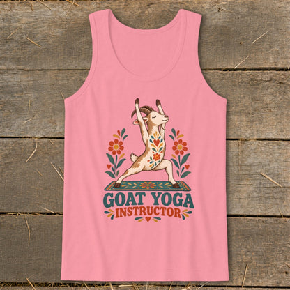 Pink tank top with a goat in yoga pose and text "GOAT YOGA INSTRUCTOR".