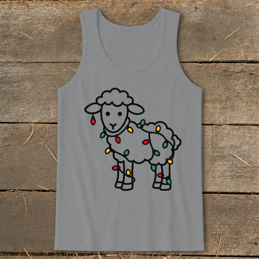 A gray tank top featuring a black-outlined cartoon sheep wrapped in colorful Christmas lights.