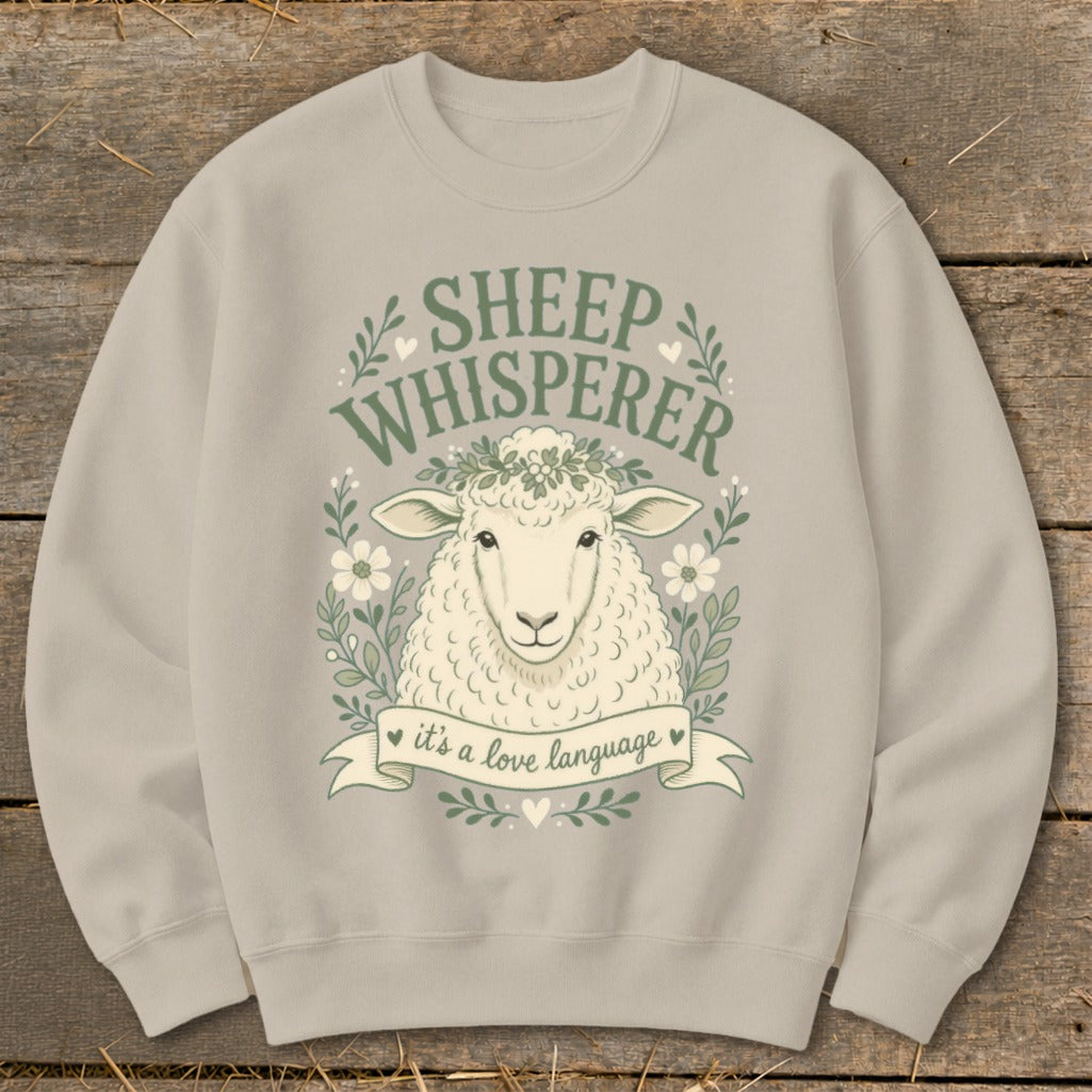 Light gray sweatshirt with sheep graphic and text "Sheep Whisperer, it's a love language".