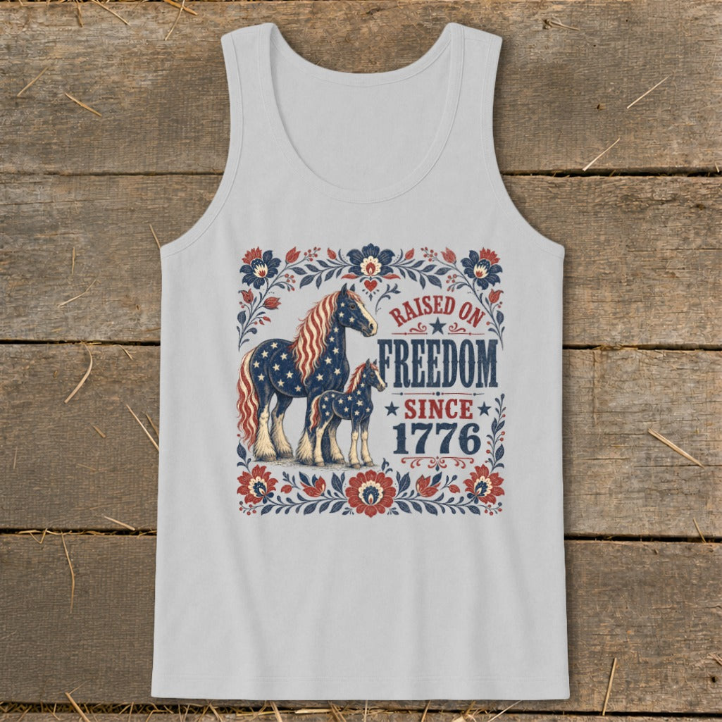 Horses with American flag pattern, "Raised on Freedom Since 1776" text.