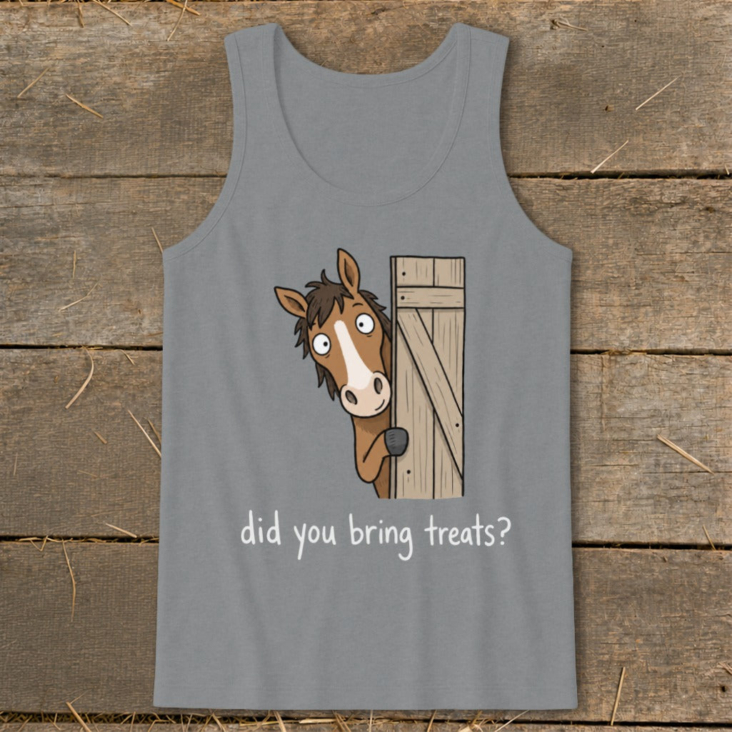 Grey tank top with cartoon horse peeking around wooden gate, asking "did you bring treats?".