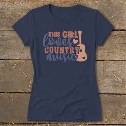 Navy t-shirt with "This Girl Loves Country Music" text and guitar graphic.